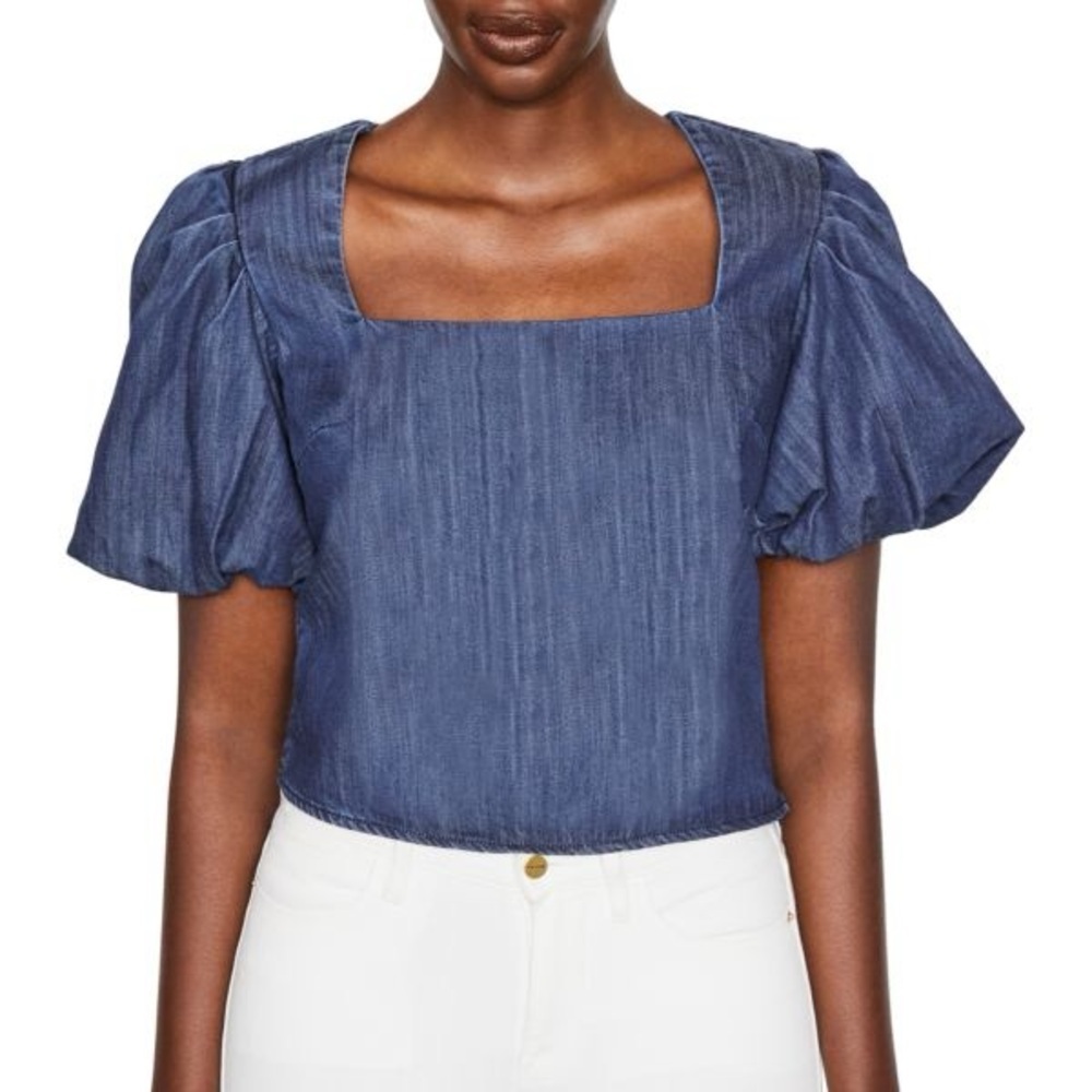 Frame Denim Blue Puff-Sleeve Square-Neck Crop Top
